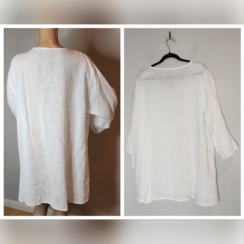 Flax White Linen tunic long sleeve top. Pocket. Button side. Size large. - Picture 7 of 16